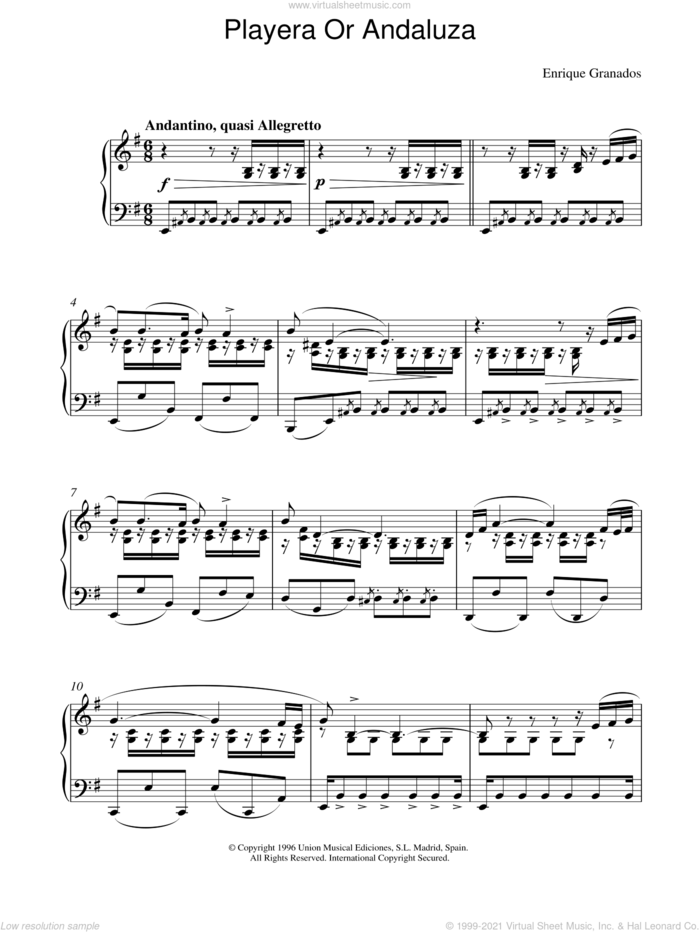 Playera Or Andaluza sheet music for piano solo by Enrique Granados, classical score, intermediate skill level