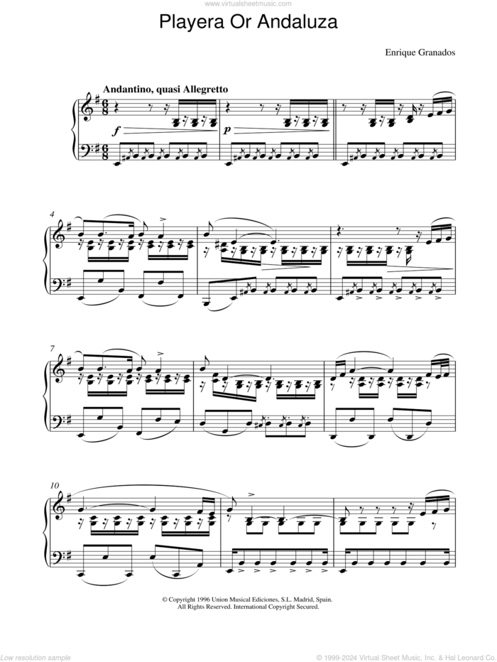 Playera Or Andaluza sheet music for piano solo by Enrique Granados, classical score, intermediate skill level