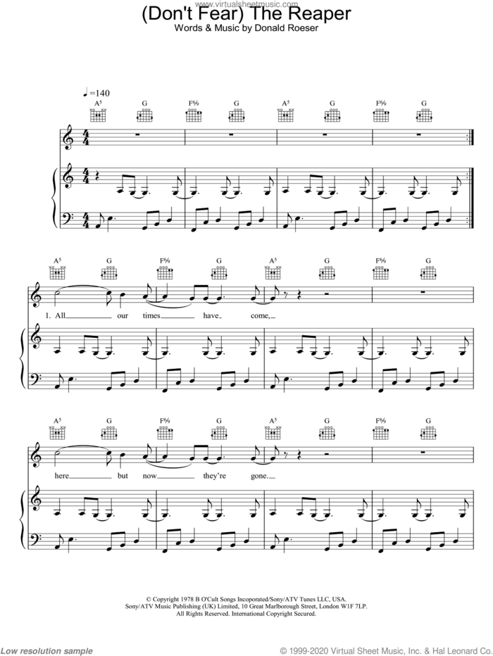 (Don't Fear) The Reaper sheet music for voice, piano or guitar by Blue Oyster Cult and Donald Roeser, intermediate skill level