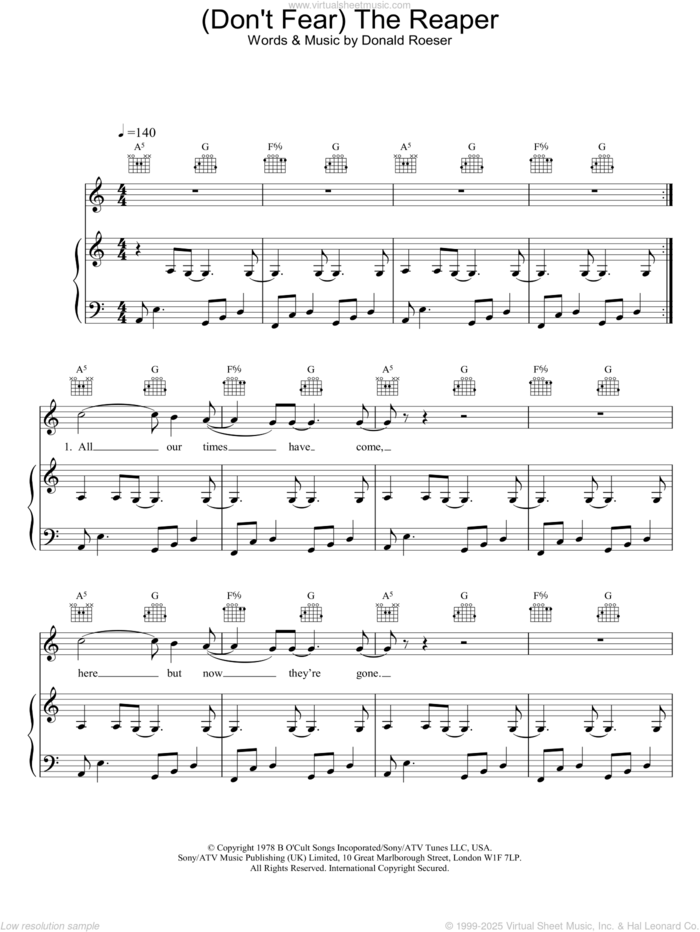 (Don't Fear) The Reaper sheet music for voice, piano or guitar by Blue Oyster Cult and Donald Roeser, intermediate skill level