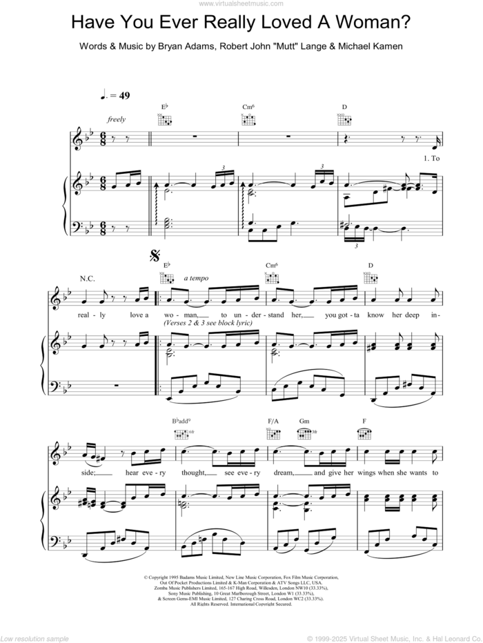 Have You Ever Really Loved A Woman? sheet music for voice, piano or guitar by Bryan Adams, Michael Kamen and Robert John Lange, intermediate skill level