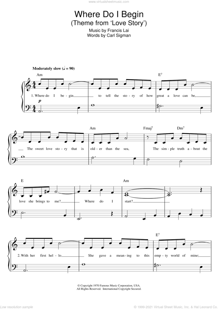 Where Do I Begin sheet music for piano solo by Francis Lai, C Sigman, Carl Sigman and Francis Lai And Carl Sigman, classical score, intermediate skill level