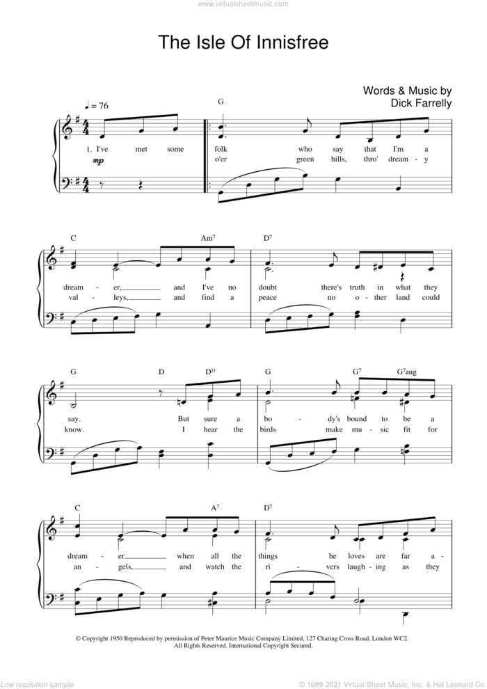 The Isle Of Innisfree sheet music for voice, piano or guitar by Dick Farrelly and Richard Farrelly, intermediate skill level
