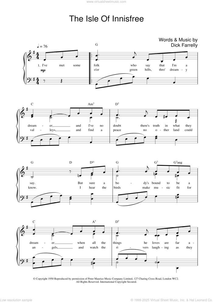 The Isle Of Innisfree sheet music for voice, piano or guitar by Dick Farrelly and Richard Farrelly, intermediate skill level