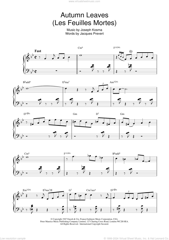 Autumn Leaves (Les Feuilles Mortes) sheet music for piano solo by Bill Evans, intermediate skill level