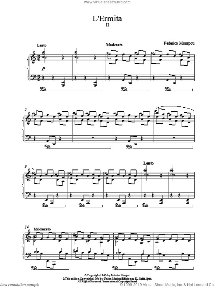 LErmita sheet music for piano solo by Federico Mompou, classical score, intermediate skill level