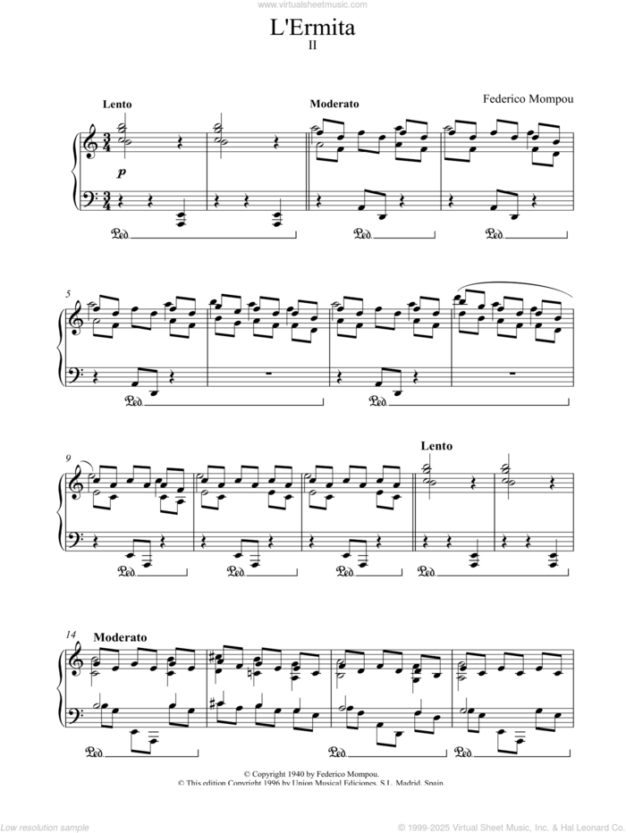 LErmita sheet music for piano solo by Federico Mompou, classical score, intermediate skill level