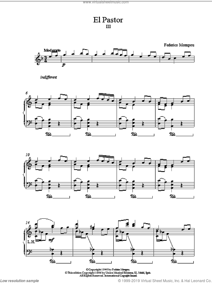 El Pastor III sheet music for piano solo by Federico Mompou, classical score, intermediate skill level