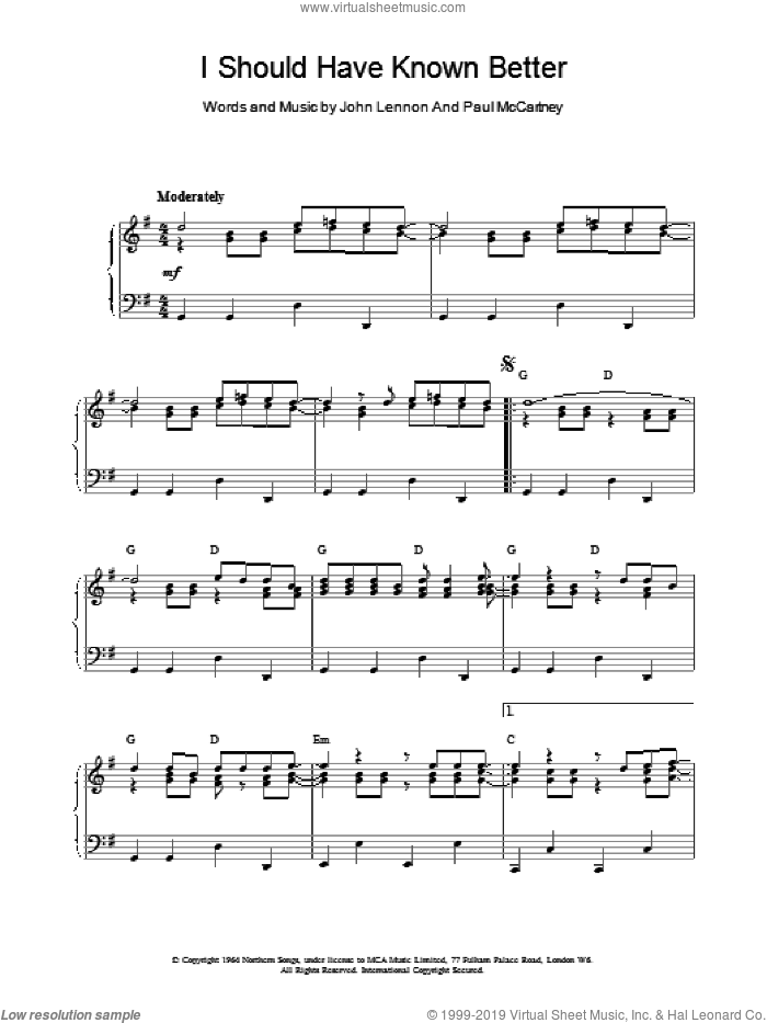 I Should Have Known Better, (intermediate) sheet music for piano solo by The Beatles, John Lennon and Paul McCartney, intermediate skill level