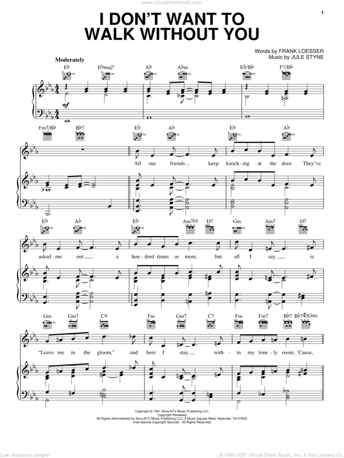 I Don't Want To Walk Without You sheet music for voice, piano or guitar by Frank Loesser and Jule Styne, wedding score, intermediate skill level