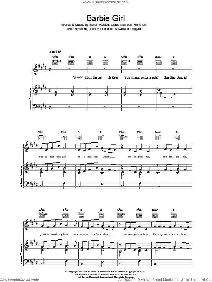 Barbie sheet music for voice, piano or guitar by Aqua, DIF, NORREEN and Soren Rasted, intermediate skill level