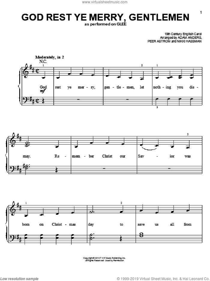 God Rest Ye Merry, Gentlemen sheet music for piano solo by Glee Cast, Miscellaneous, 19th Century English Carol, Adam Anders, Nikki Hassman and Peer Astrom, easy skill level