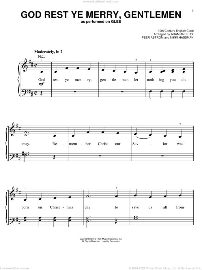 God Rest Ye Merry, Gentlemen sheet music for piano solo by Glee Cast, Miscellaneous, 19th Century English Carol, Adam Anders, Nikki Hassman and Peer Astrom, easy skill level