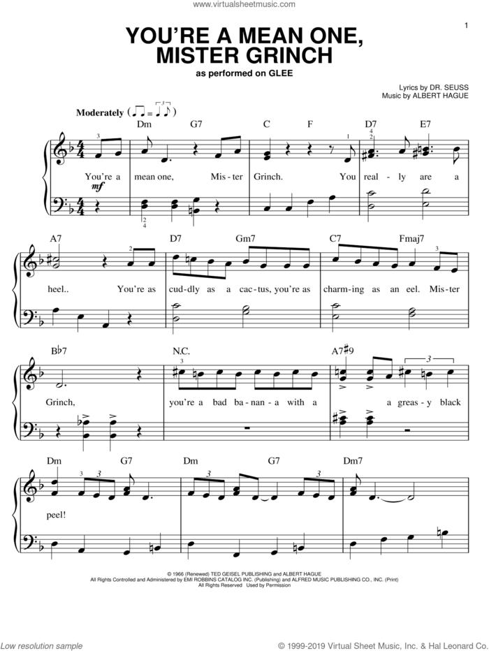 You're A Mean One, Mr. Grinch sheet music for piano solo by Glee Cast, Miscellaneous and Albert Hague, easy skill level