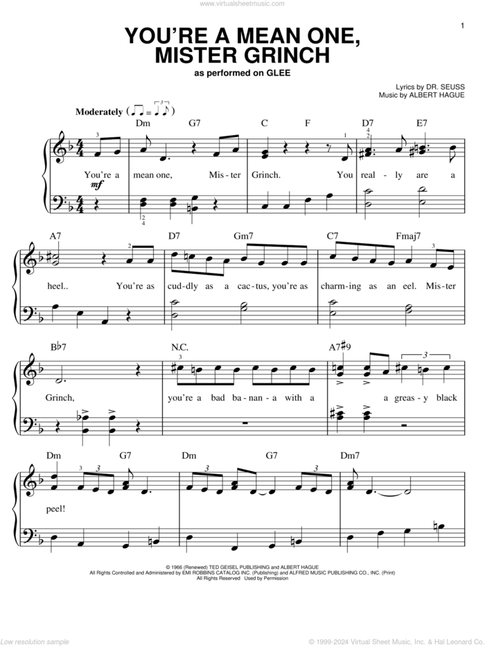 You're A Mean One, Mr. Grinch sheet music for piano solo by Glee Cast, Miscellaneous and Albert Hague, easy skill level