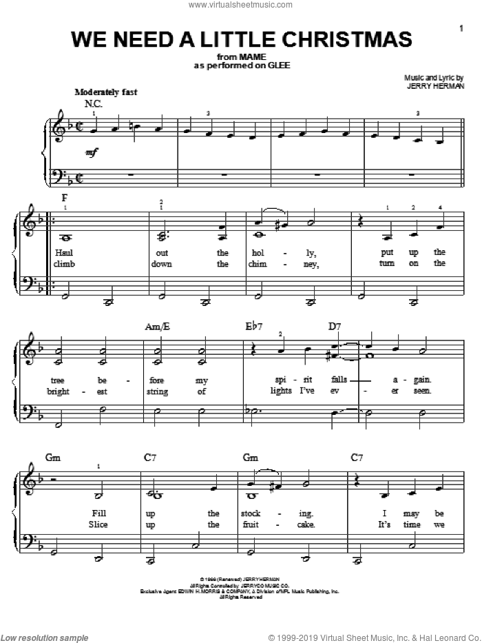 We Need A Little Christmas sheet music for piano solo by Glee Cast, Miscellaneous and Jerry Herman, easy skill level
