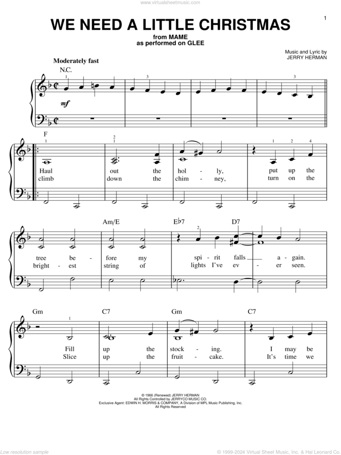 We Need A Little Christmas sheet music for piano solo by Glee Cast, Miscellaneous and Jerry Herman, easy skill level