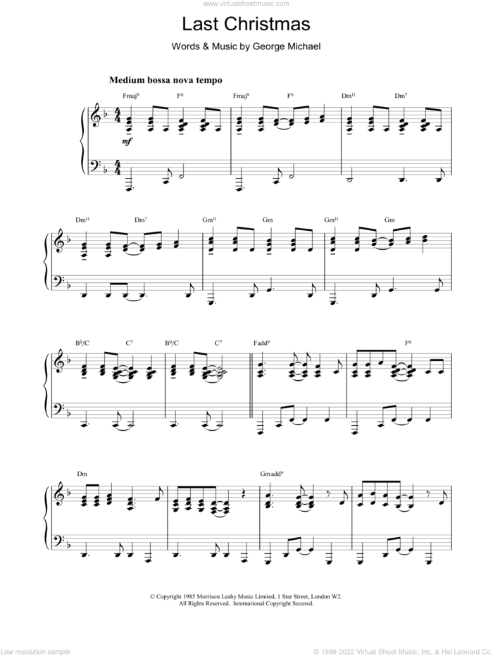 Last Christmas sheet music for voice, piano or guitar by George Michael and Wham!, intermediate skill level