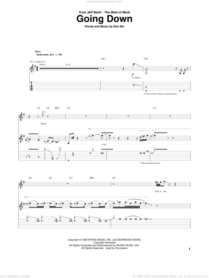 Going Down sheet music for guitar (tablature) by Jeff Beck and Don Nix, intermediate skill level