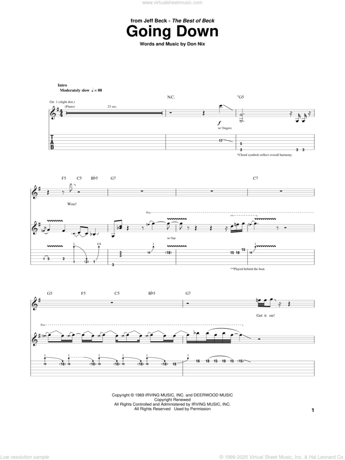 Going Down sheet music for guitar (tablature) by Jeff Beck and Don Nix, intermediate skill level