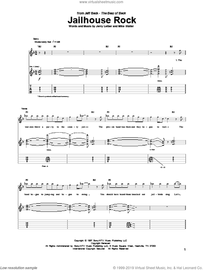 Jailhouse Rock sheet music for guitar (tablature) by Jeff Beck, Elvis Presley, Jerry Leiber and Mike Stoller, intermediate skill level