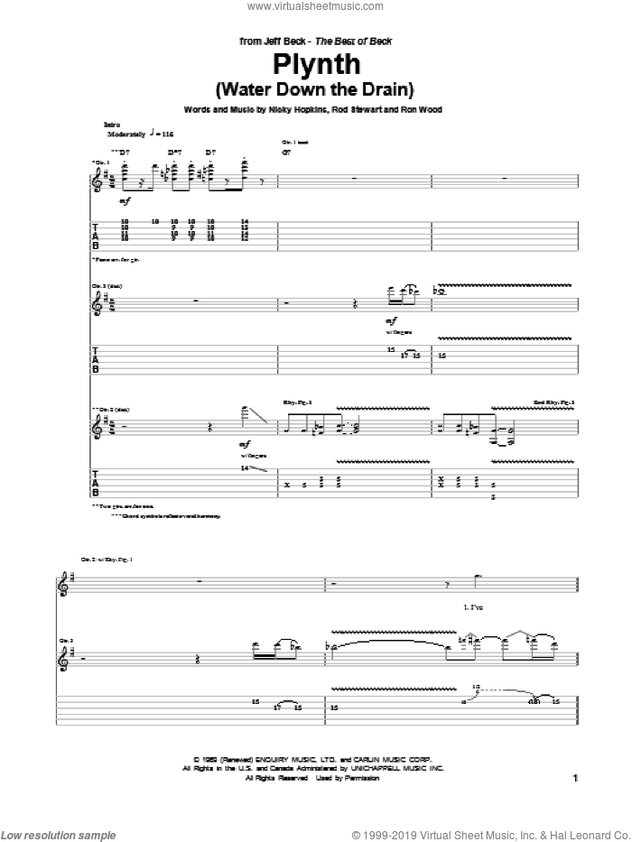 Plynth (Water Down The Drain) sheet music for guitar (tablature) by Jeff Beck, Nicky Hopkins, Rod Stewart and Ron Wood, intermediate skill level