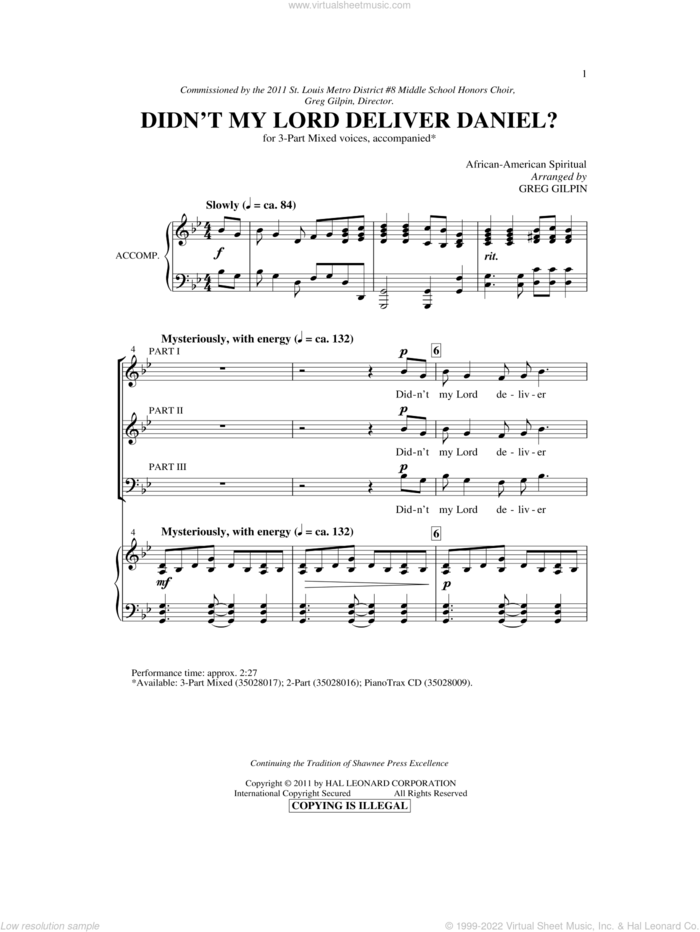 Didn't My Lord Deliver Daniel? sheet music for choir (3-Part Mixed) by Greg Gilpin and Miscellaneous, intermediate skill level