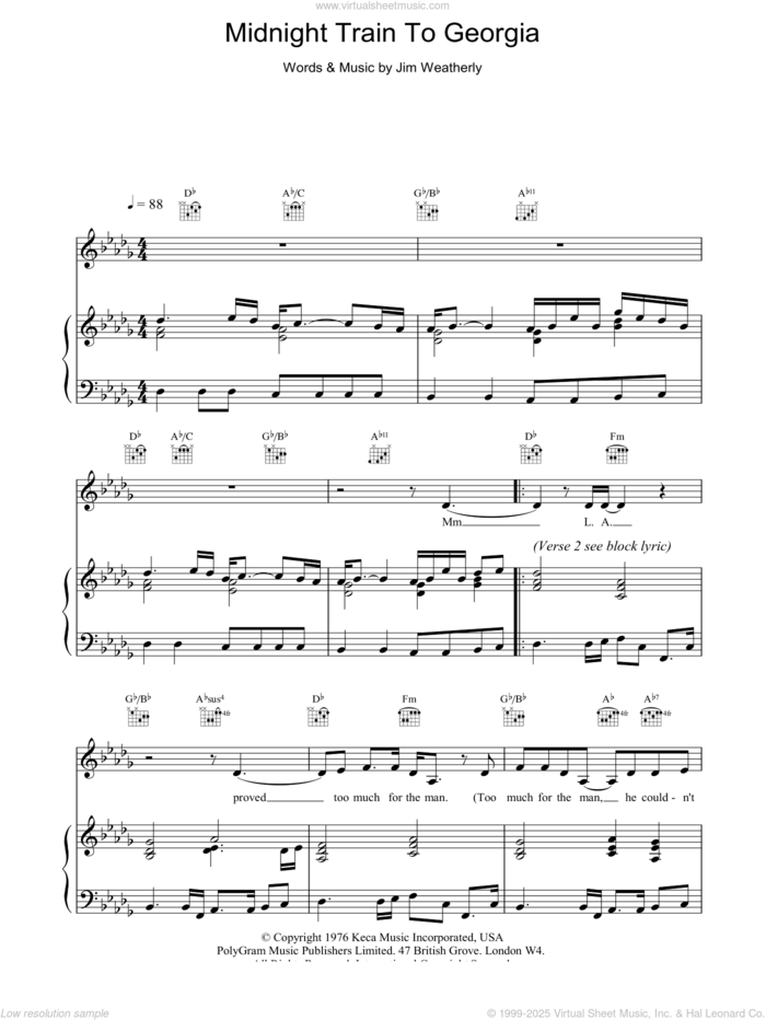 Midnight Train To Georgia sheet music for voice, piano or guitar by Jim Weatherly, intermediate skill level