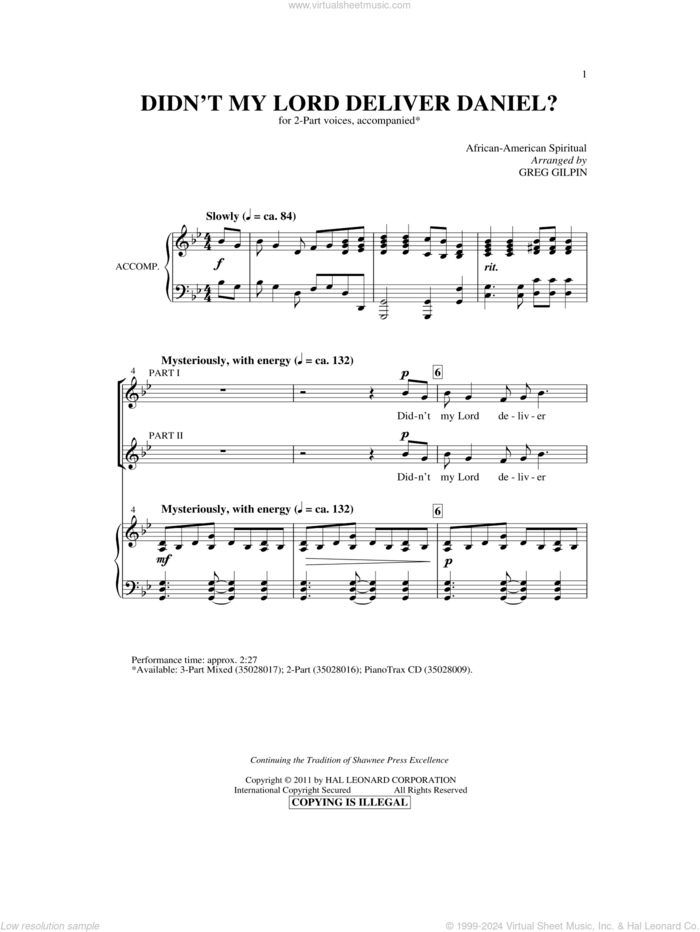 Didn't My Lord Deliver Daniel? sheet music for choir (2-Part) by Greg Gilpin and Miscellaneous, intermediate duet