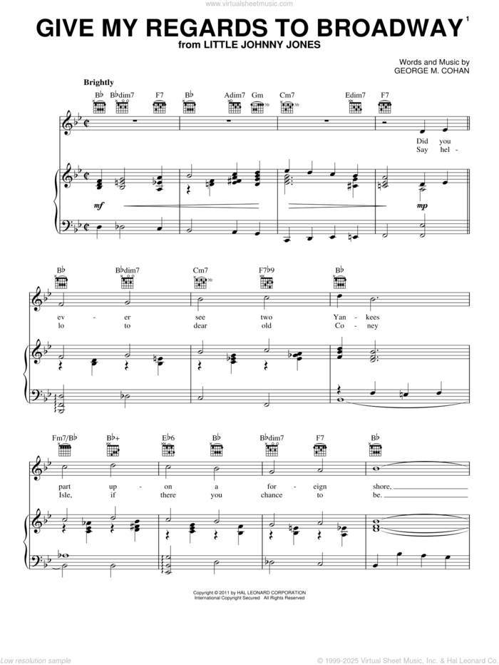 Give My Regards To Broadway sheet music for voice, piano or guitar by Showtune and George M. Cohan, intermediate skill level