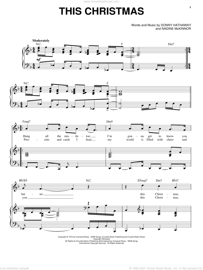This Christmas sheet music for voice and piano by Donny Hathaway and Nadine McKinnor, intermediate skill level