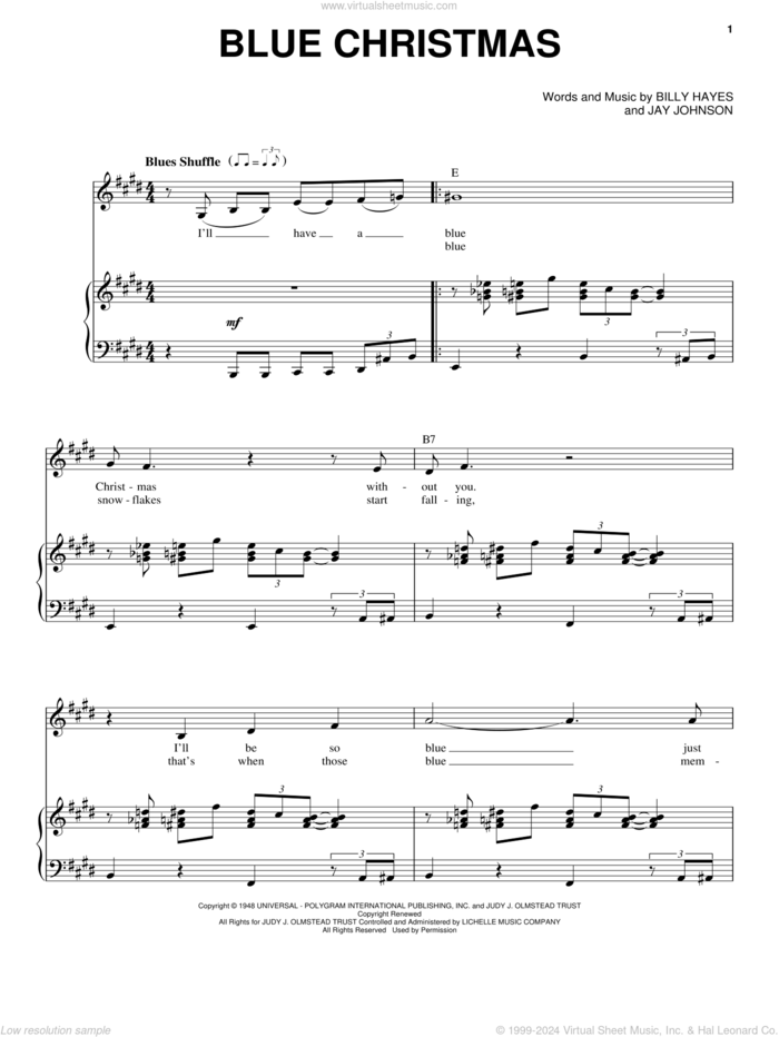 Blue Christmas sheet music for voice and piano by Elvis Presley, Billy Hayes and Jay Johnson, intermediate skill level