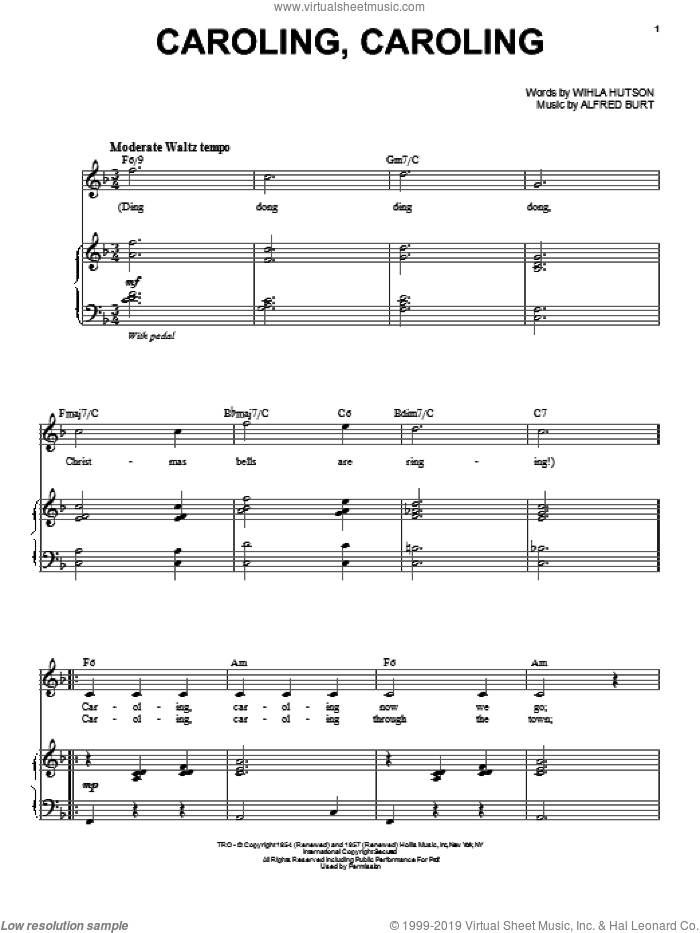 Caroling, Caroling sheet music for voice and piano by Nat King Cole, Alfred Burt and Wihla Hutson, intermediate skill level