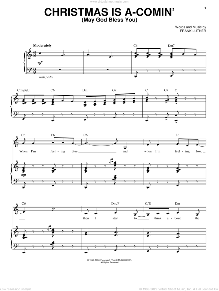 Christmas Is A-Comin' (May God Bless You) sheet music for voice and piano by Bing Crosby and Frank Luther, intermediate skill level