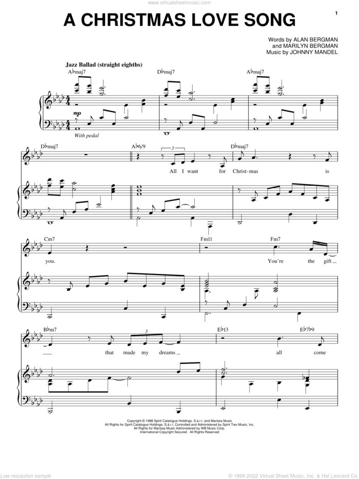 A Christmas Love Song sheet music for voice and piano by Tony Bennett, Barbra Streisand, Alan Bergman, Johnny Mandel and Marilyn Bergman, intermediate skill level