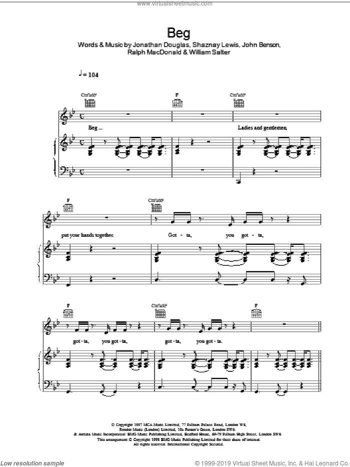 Beg sheet music for voice, piano or guitar by All Saints, J Benson, J Douglas and Sam Lewis, intermediate skill level