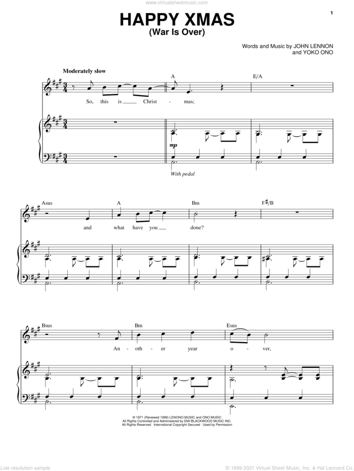 Happy Xmas (War Is Over) sheet music for voice and piano by John Lennon and Yoko Ono, intermediate skill level