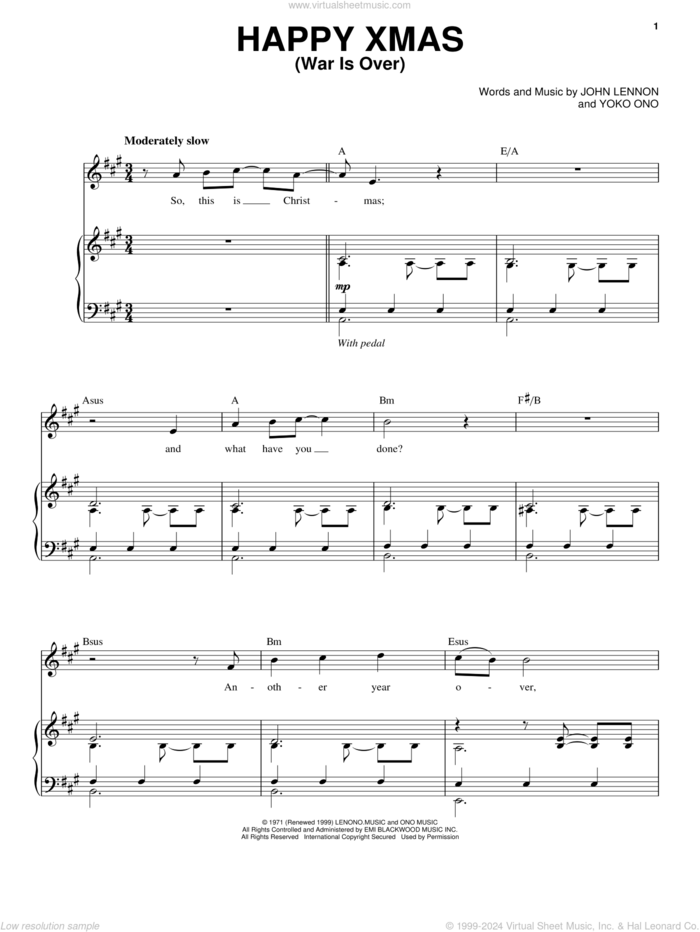 Happy Xmas (War Is Over) sheet music for voice and piano by John Lennon and Yoko Ono, intermediate skill level