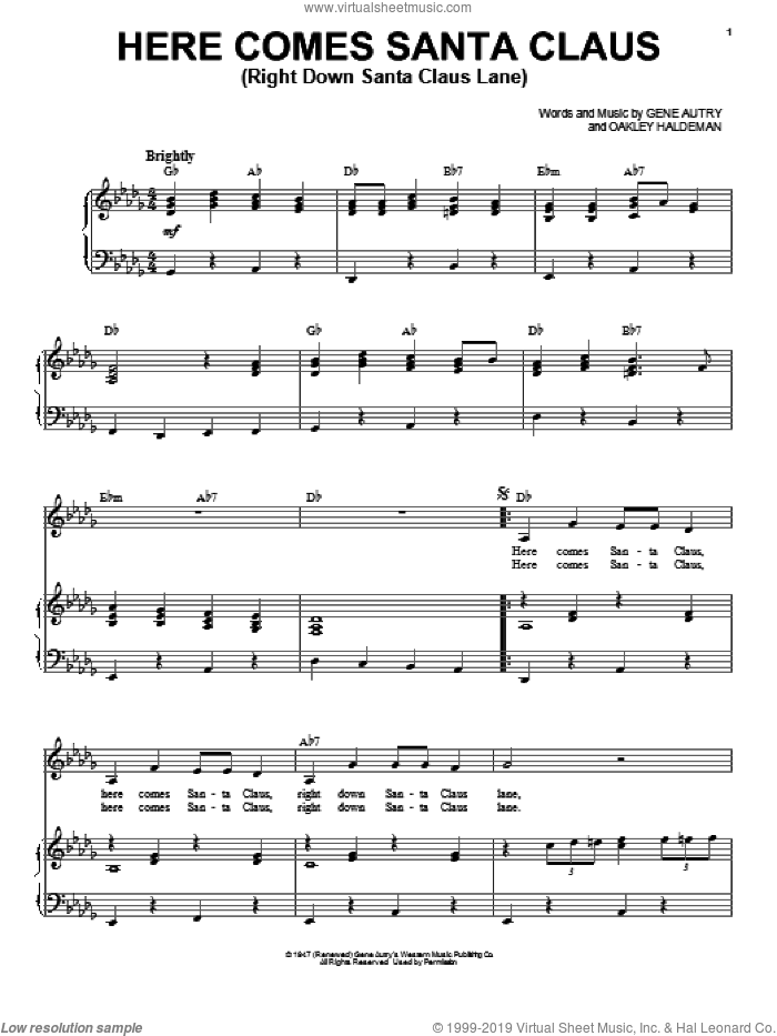 Here Comes Santa Claus (Right Down Santa Claus Lane) sheet music for voice and piano by Gene Autry and Oakley Haldeman, intermediate skill level