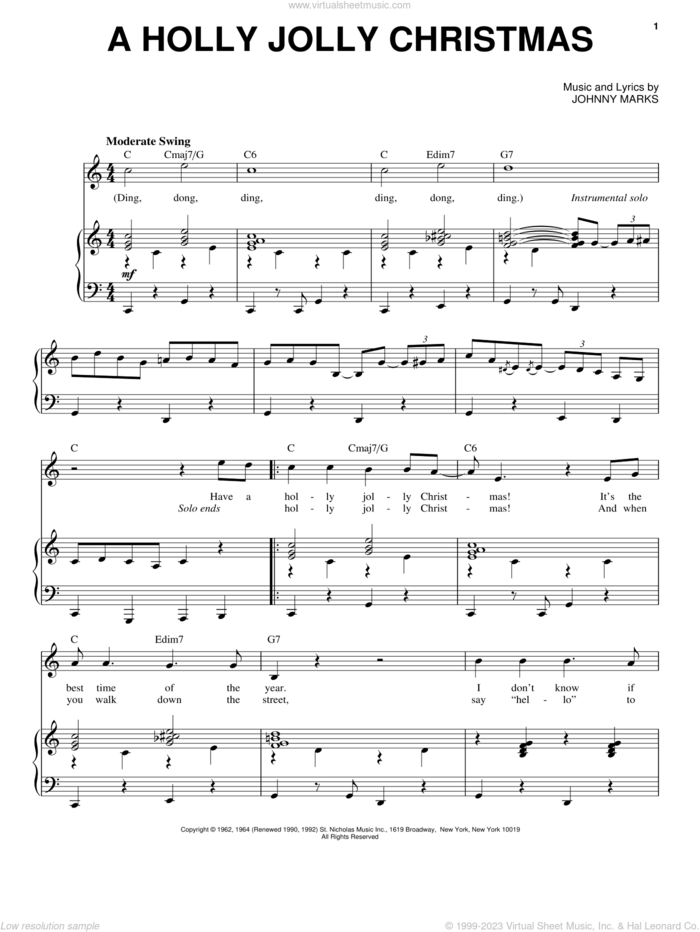 A Holly Jolly Christmas sheet music for voice and piano by Burl Ives and Johnny Marks, intermediate skill level