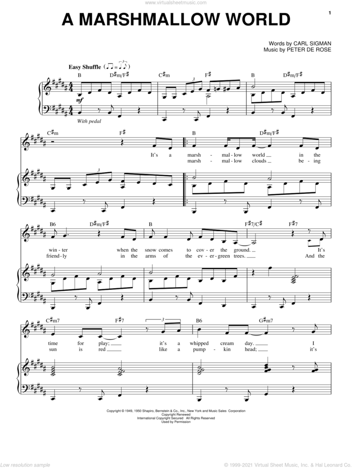 A Marshmallow World sheet music for voice and piano by Dean Martin, Carl Sigman and Peter DeRose, intermediate skill level