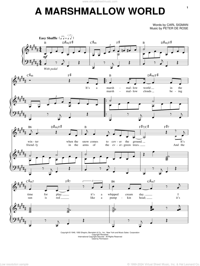 A Marshmallow World sheet music for voice and piano by Dean Martin, Carl Sigman and Peter DeRose, intermediate skill level