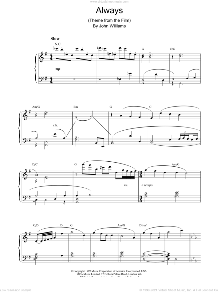 Always sheet music for piano solo by John Williams, intermediate skill level