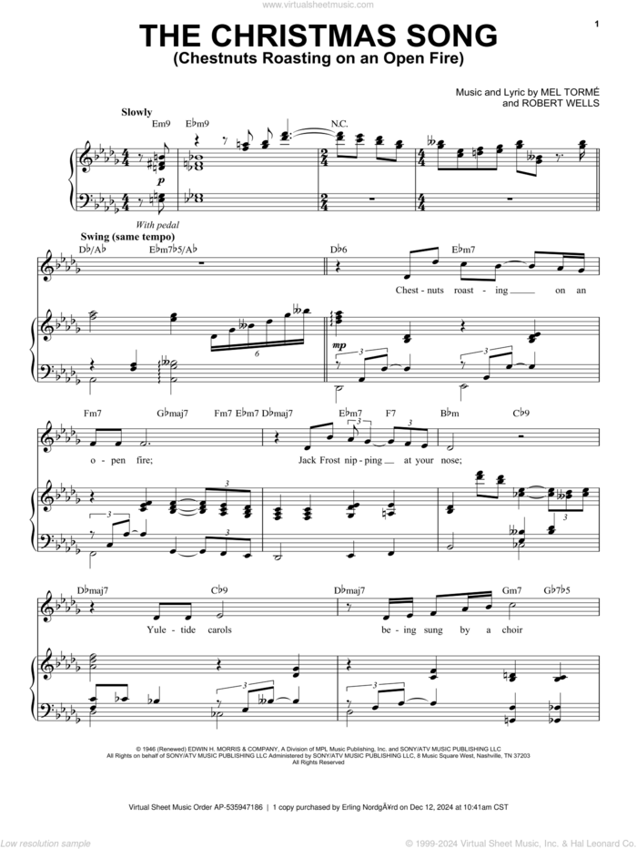 The Christmas Song (Chestnuts Roasting On An Open Fire) sheet music for voice and piano by Nat King Cole, Mel Torme and Robert Wells, intermediate skill level