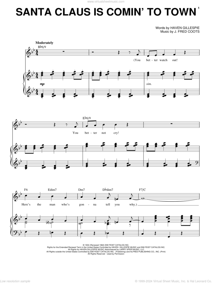 Santa Claus Is Comin' To Town sheet music for voice and piano by Perry Como, Haven Gillespie and J. Fred Coots, intermediate skill level