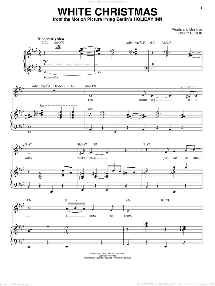 White Christmas sheet music for voice and piano by Bing Crosby and Irving Berlin, intermediate skill level