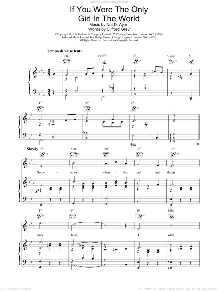 If You Were The Only Girl In The World sheet music for voice, piano or guitar by Nat D Ayer and Clifford Grey, intermediate skill level