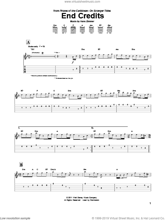 End Credits (from Pirates Of The Caribbean: On Stranger Tides) sheet music for guitar (tablature) by Rodrigo y Gabriela, Pirates Of The Caribbean: On Stranger Tides (Movie) and Hans Zimmer, intermediate skill level