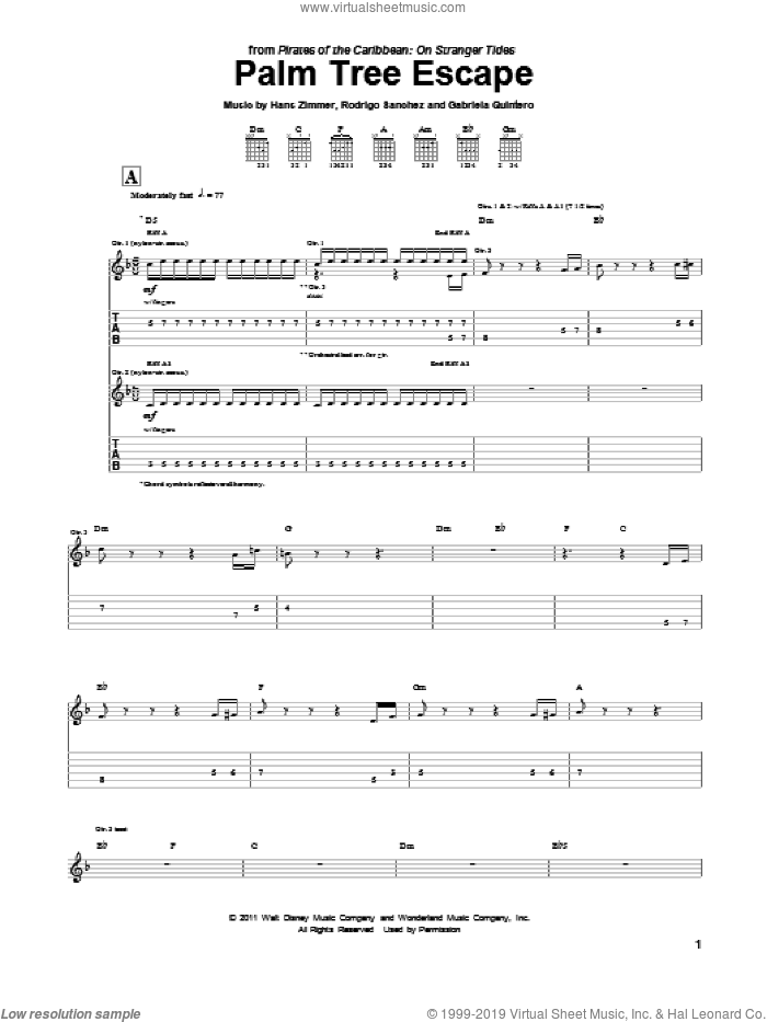 Palm Tree Escape (from Pirates Of The Caribbean: On Stranger Tides) sheet music for guitar (tablature) by Rodrigo y Gabriela, Pirates Of The Caribbean: On Stranger Tides (Movie), Gabriela Quintero, Hans Zimmer and Rodrigo Sanchez, intermediate skill level