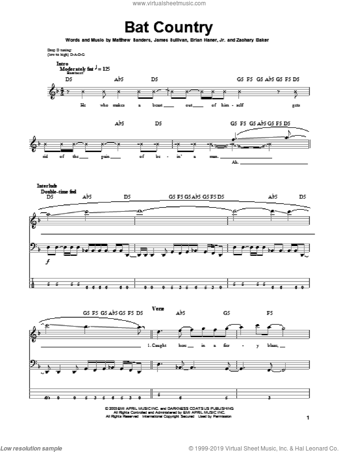 Bat Country sheet music for bass (tablature) (bass guitar) by Avenged Sevenfold, Brian Haner, Jr., James Sullivan, Matthew Sanders and Zachary Baker, intermediate skill level